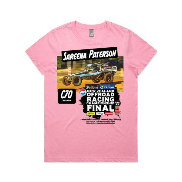 C70 Sareena Paterson Event Ladies Tee Shirt ORANZ Finals 2025 - All colours - All Sizes Thumbnail